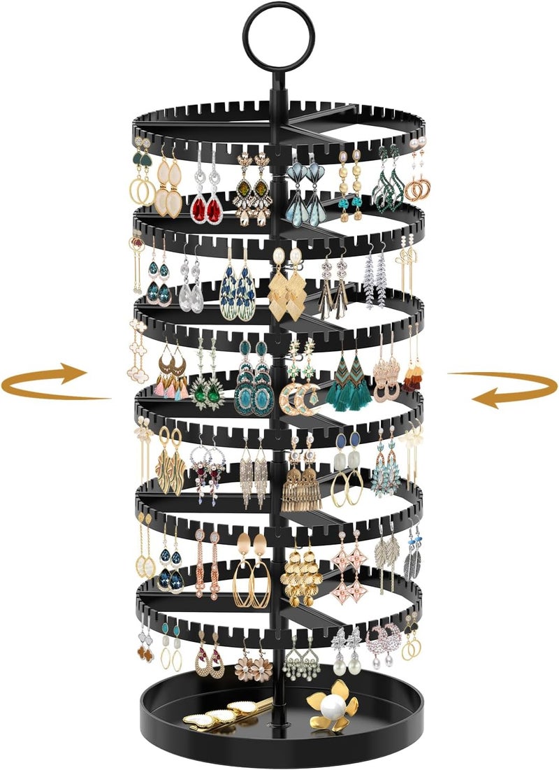 MODOWEY 6 Tier Rotating Earring Holder Organizer Display Tree with Metal Tray, Adjustable Plastic Stand with 342 Slots for Stud Hoop Hanger, Large Capacity Storage Rack for Women Space Saving, Black - Image 1